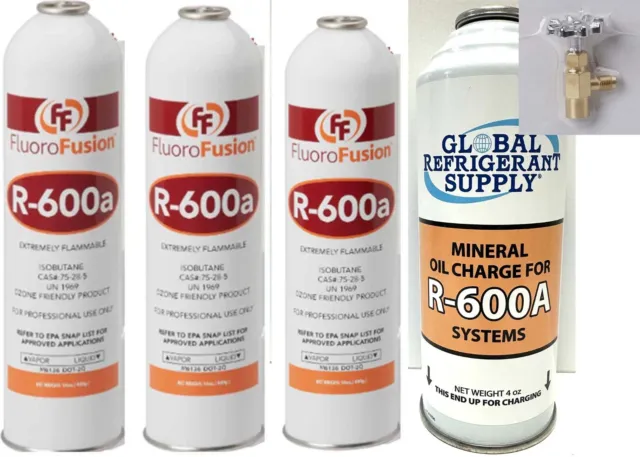 R–600a, (3) 14 oz. Cans & Oil, FluoroFusion, Refrigerant Isobutane Recharge Kit