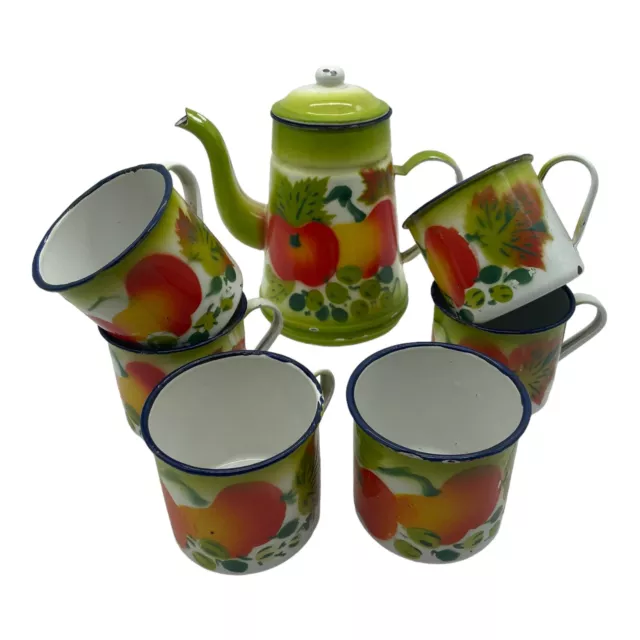 Vintage Enamelware Coffee Pot & Cups / Mugs Set of 6 Fruit Design