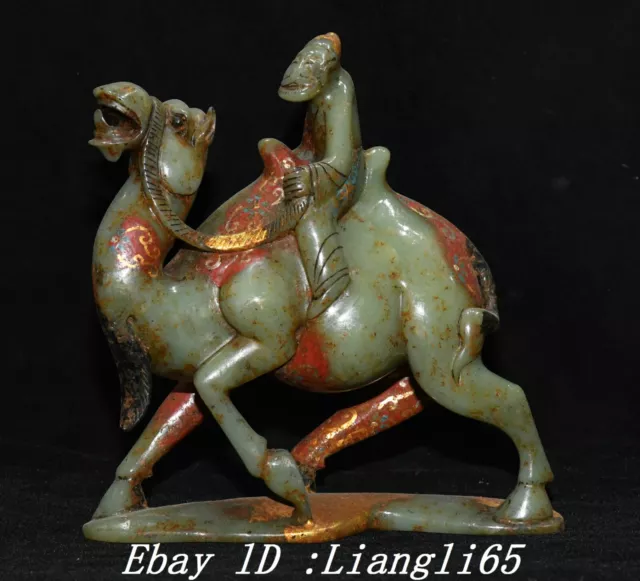 6.2" Alte Han Dynastie Natürliche Hetian Jade Gilt Malerei Händler Kamel Statue