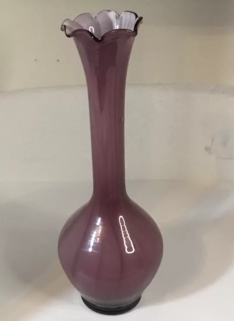 Vintage Hand Blown Art Glass Amethyst Bud Vase Ruffled Rim Signiture On Bottom