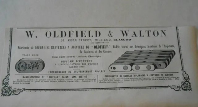 Fabricants de Courroies W. Oldfield & Walton à Glasgow Pub 1887