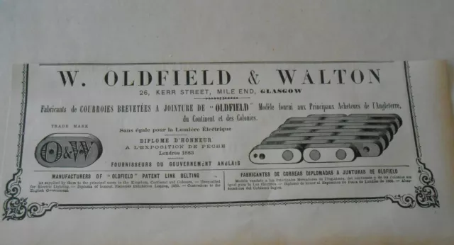 Fabricants de Courroies W. Oldfield & Walton à Glasgow Pub 1887