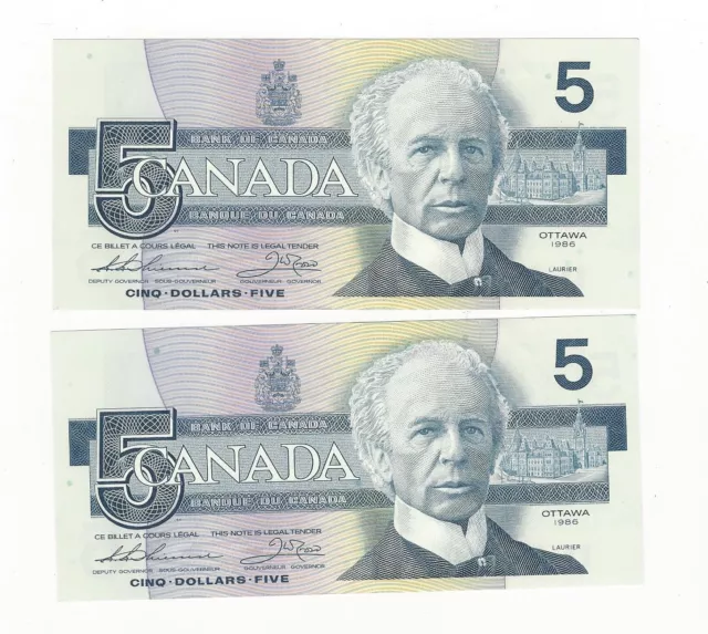 1986 Canada $5 Note,Thi/Cro BC-56b, Seq Pair Ser # GNE 2720200 & 01