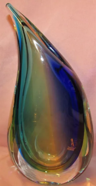 Vintage Murano Michele Onesto Signed Blue & Green Glass Vase, 9.5" Tall, No Wear