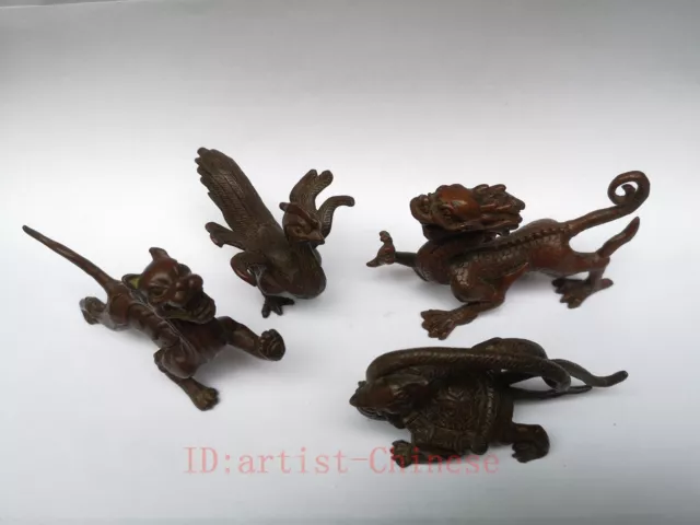 Collect 4 piece Old China Bronze Carving Dragon Tiger Rosefinch Tortoise Statue