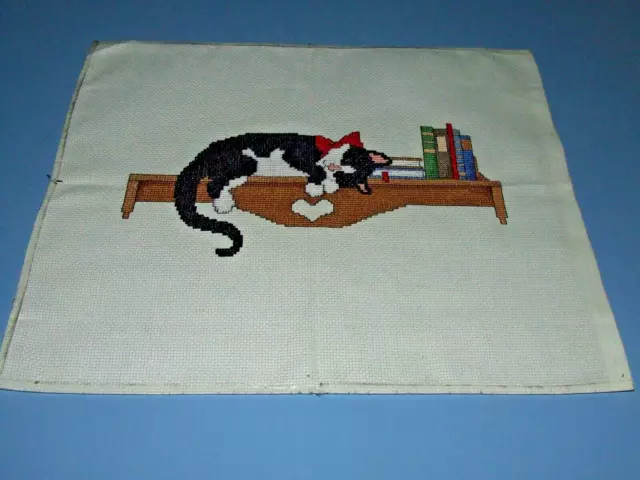 Completed Cross Stitch - Cat Asleep on Bookshelf - Unframed