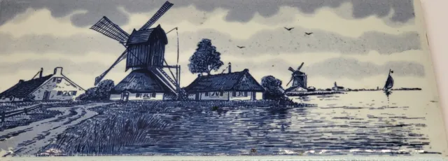 Vintage Hand Painted Delft Dutch Blue White Windmill River Landscape Tile
