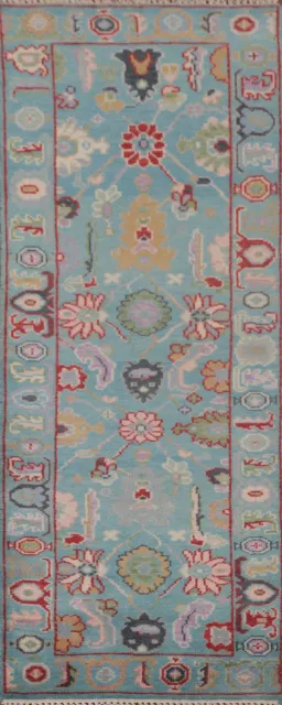 Light Blue Floral Oushak Oriental 8 ft Runner Rug 3x8 Wool Handmade Hallway Rug