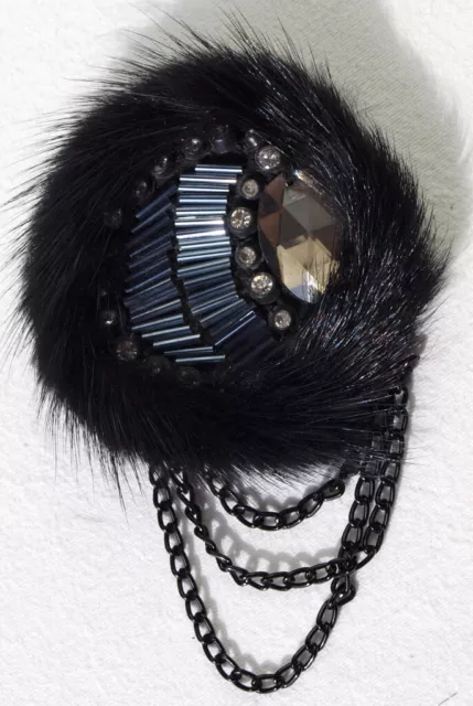 Mink Brooch Pin Jewelry Fur Fashion Rhinestone Fur Vintage Black