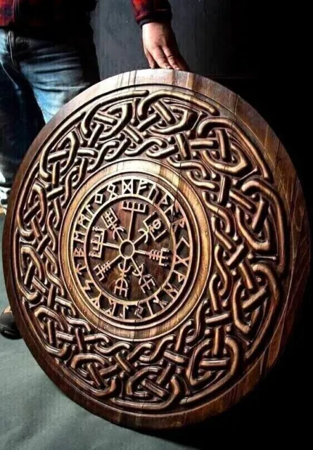 New Viking Shield Norse 24" Medieval Wooden Carving Round Celtic Ornament Battle