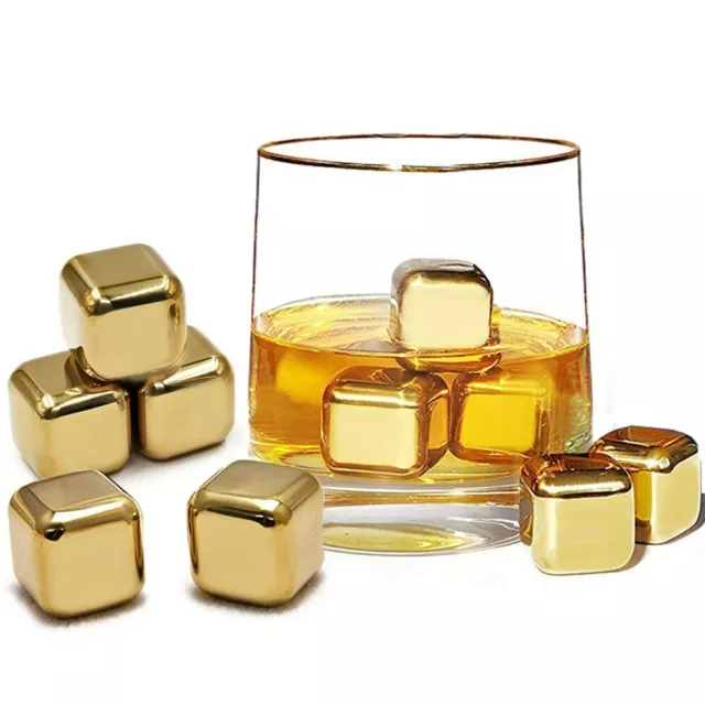 10x GOLD Stainless Steel Whisky Stones Reusable Ice Cubes Drink Chillers Cooling