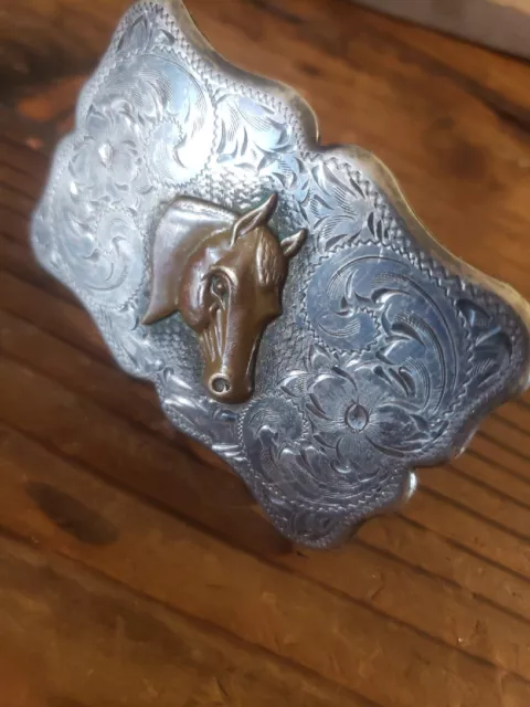 Vtg DIABLO Hand engraved STERLING SILVER Western Horse Trophy Belt Buckle