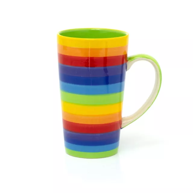 Hand Painted Rainbow Striped Tall Ceramic Latte Mug | Coffee Mug Tea Cup
