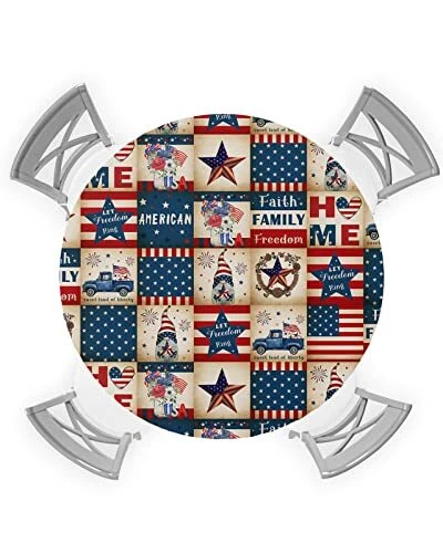 Independence Day Plaid Round Fitted Table Cover for Dining TablesElastic Edge...
