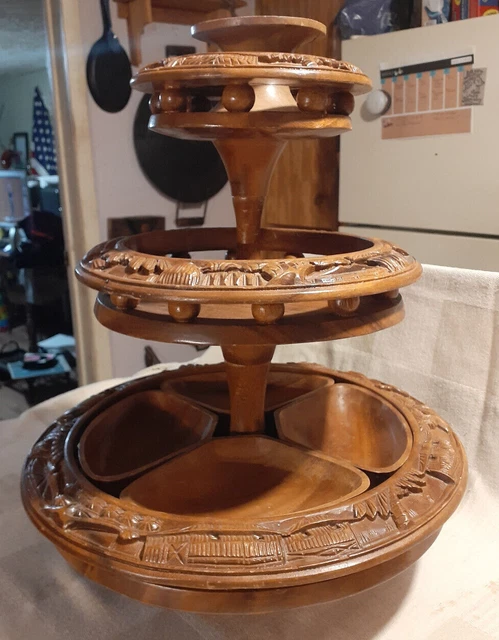 Vintage Lazy Susan 3 Tier Serving Tray Tiki Mid Century Monkey Pod