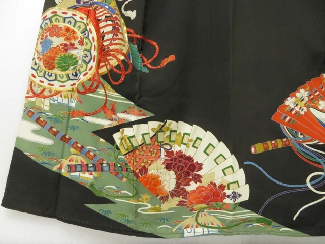 2213T07z830 Antique Japanese Kimono Silk TOMESODE Hand drum Black 5
