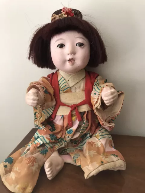 Rare Vintage Japanese ? Ichimatsu ? Gofun Baby Doll Glass Eyes Silk Kimono