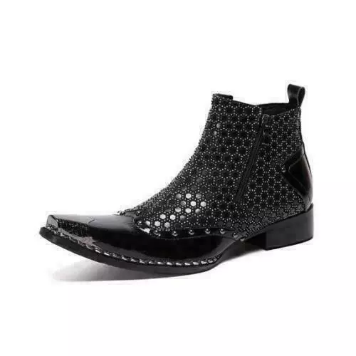 British Mens Leather Knight Party Ankle Boots Side Zip Rivets Pointed Toe Shoes