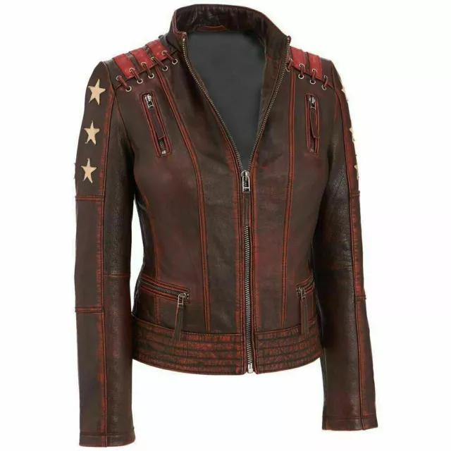 Women's Cafe Racer Ox Blood Vintage Style Red Waxed Real Leather Jacket