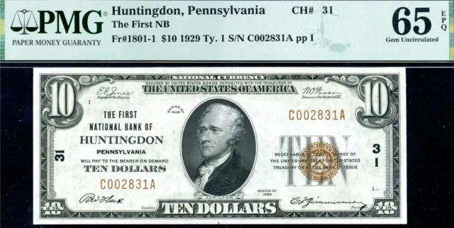 HGR FRIDAY 1929 $10 HUNTINGDON Pennsylvania ((Wanted GEM)) PMG GEM UNC 65EPQ