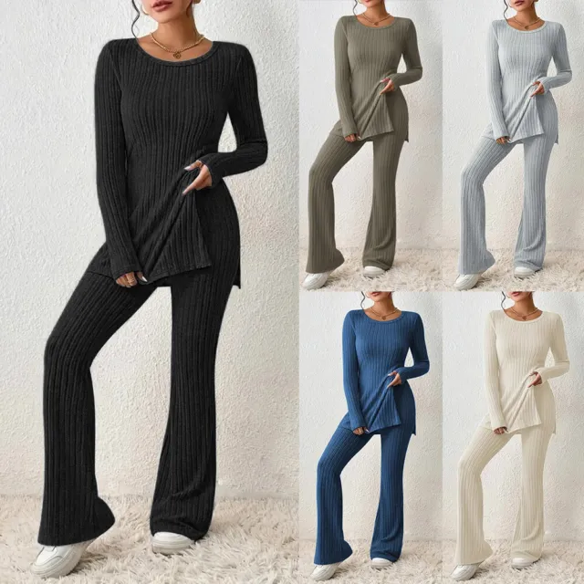 Womens Lounge Wear Tracksuit T-Shirt Tops Flared Pants Casual Ribbed Outfit Sets