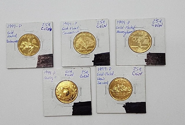 5 Gold Plated Quarters Delaware Connecticut Pennsylvania Georgia New Jersey 99 P