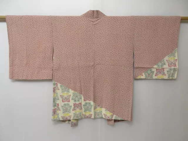 2301T06z610 Vintage Japanese Kimono Crepe Silk HAORI Butterfly Pink
