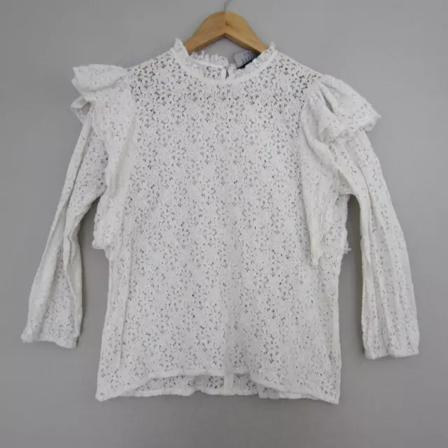 Decjuba Top Womens 12 White Lace Geometric Blouse Shirt Boho Frill Ruffle