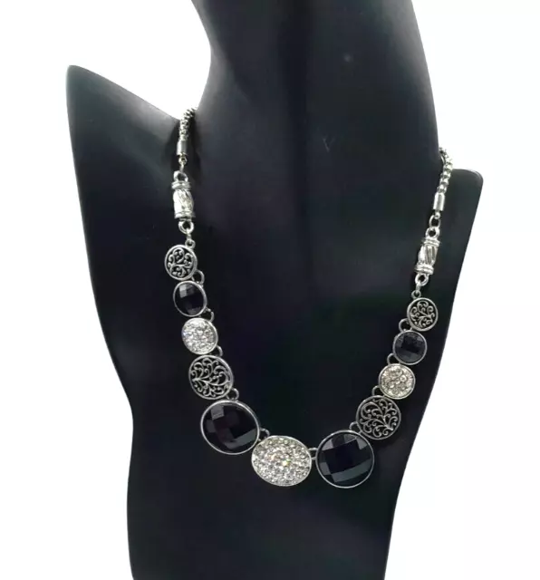 Vintage 1980's Bling Stunning Silver Tone 16" Black & Rhinestone Chain Necklace