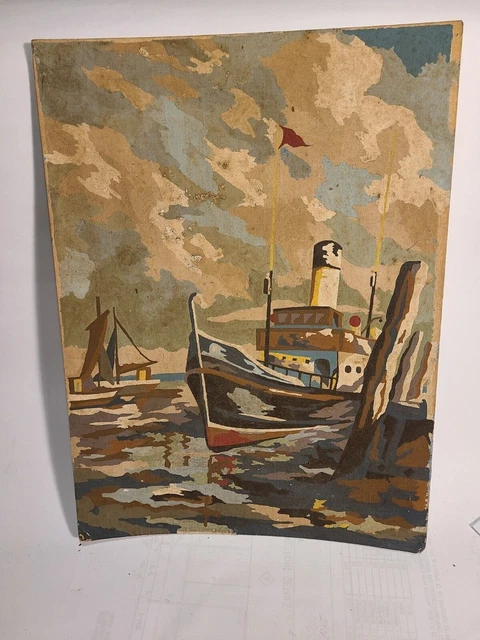 Old Ship Painting Oil on Board, Nautical, Folk art, Decrative, Unframed Viintage