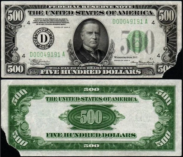 $500 1934 GREEN SEAL CLEVELAND BEAUTIFUL CRISP XF+/AU Federal Reserve Note!