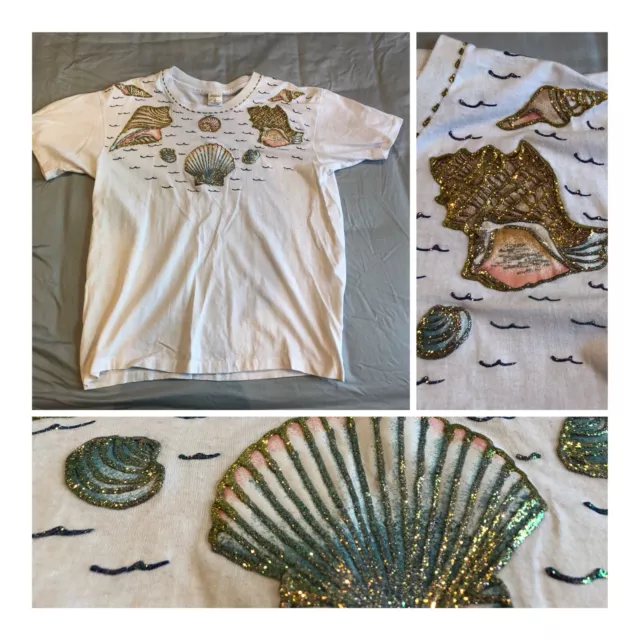 Vintage 80s 90s Beach shells Women’s t shirt Normcore Hipster Glitter Puff Paint