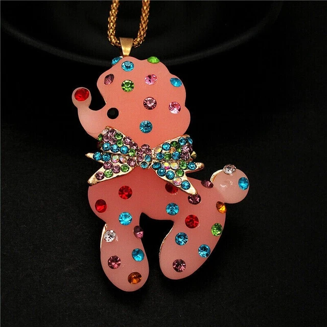 Betsey Johnson Mix Crystal Pink Resin Bowknot Poodle Dog Pendant Chain Necklace