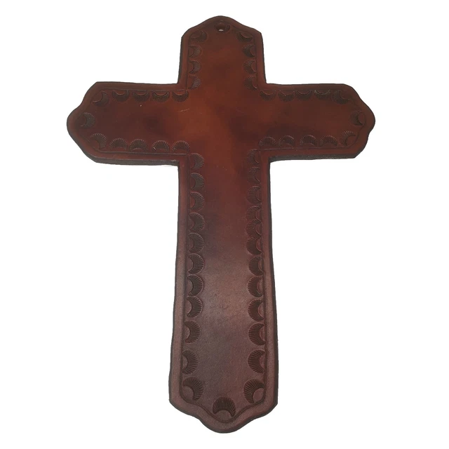 VINTAGE HAND TOOLED Brown Leather Cross Native American Style Altar ...