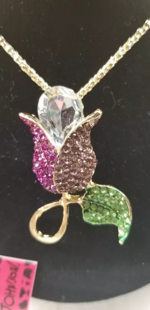 Betsey Johnson Crystal Rhinestone Tulip Pendant Necklace/Brooch Pin