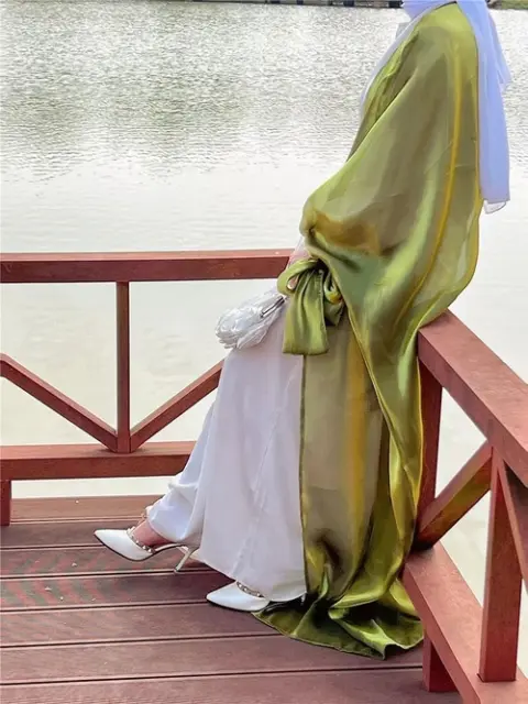 Shimmering Kimono Women Summer Organza Puff Sleeve Muslim Inner Dress Modest 2