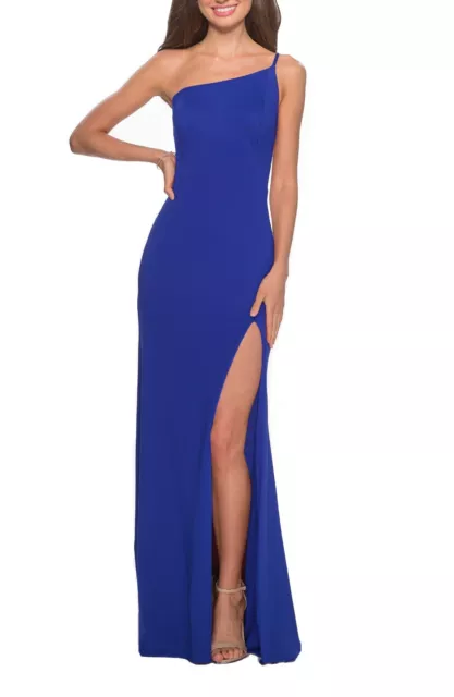 NWOT $228 La Femme One-Shoulder Jersey Gown in Royal Blue 10