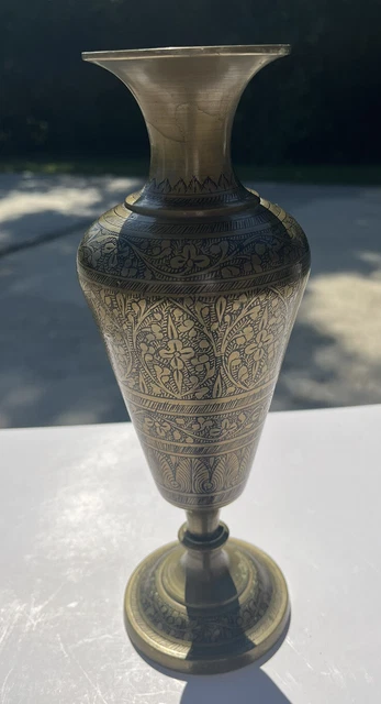 Signed H.K. Vintage Etched Brass Vase Made In India Beautiful   10”