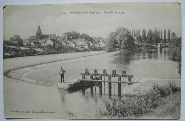 Malicorne-sur-Sarthe France Vue du Barrage Old 1910s Postcard; View of Dam