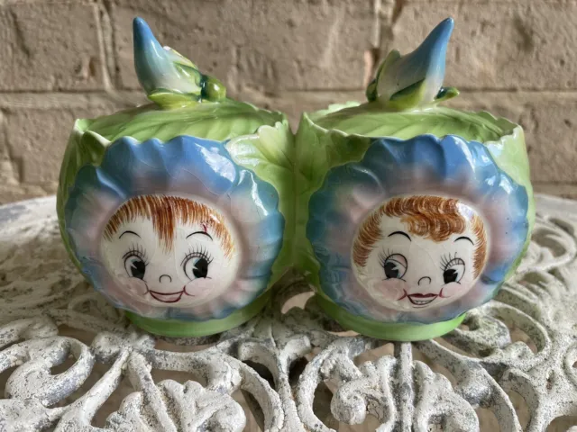 Vintage Kitsch PY Anthropomorphic Cabbage Rose Cruet Set