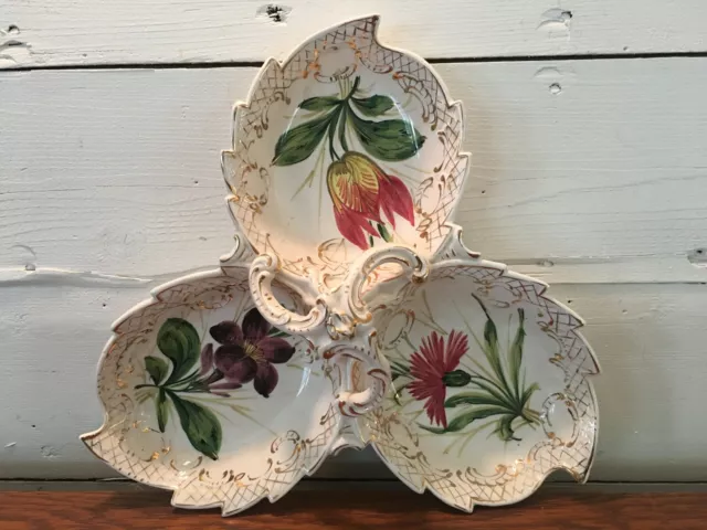 Vintage Italian Ceramic Three Section Divided Bowl Relish Dish with Gold Trim