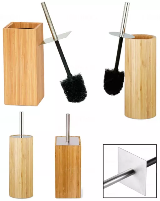 Bamboo Toilet Bowl Brush and Holder Set Stainless Steel Handle Free standing