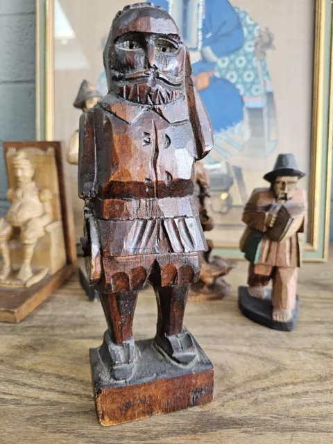 Midcentury Wood Carving Set Bagpiper Accordion Don Quixote Goose Wooden Figure