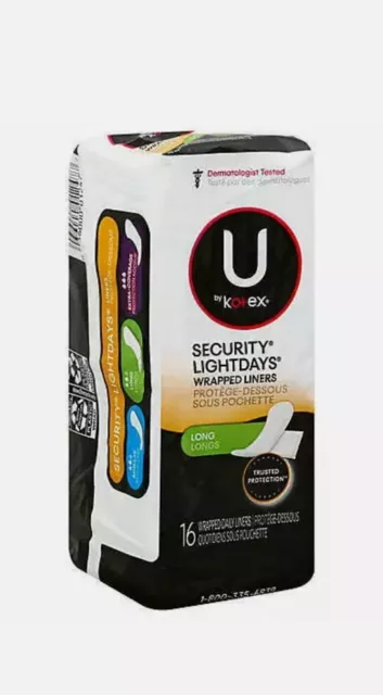 U by Kotex Security Lightdays Wrapped Panty Liners, Long 16 Per Pack