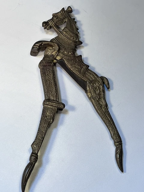 Solid Brass Horse Betel Nut Cigar Cutter - 7" vtg Ornate Metal Figural Sarota