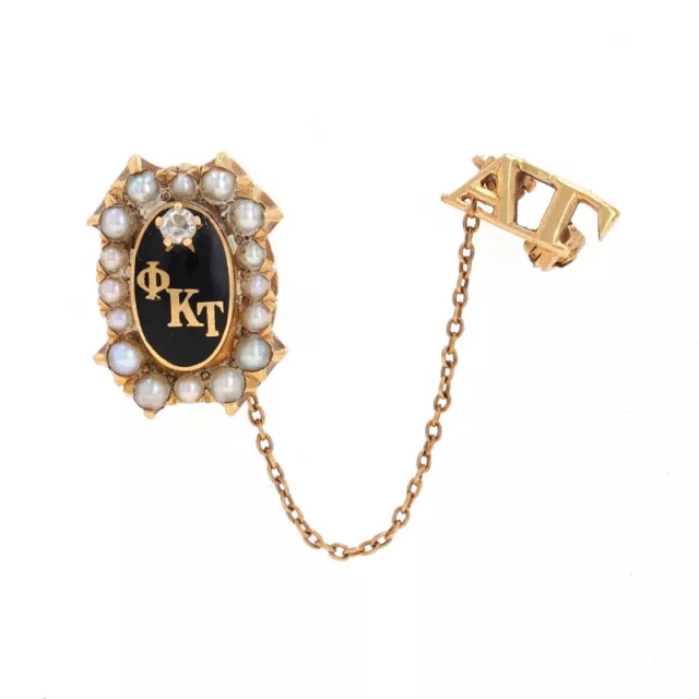 Yellow Gold Phi Kappa Tau Badge & Guard Pin - 14k Diamond Pearl 1924 Fraternity
