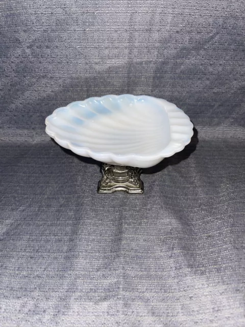 Vintage White Milk Glass Metal Pedestal Soap/Trinket Dish  (Mid Century)