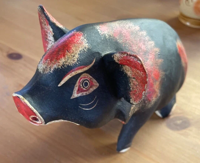 Painted Wood Pig Black And Red Delightful