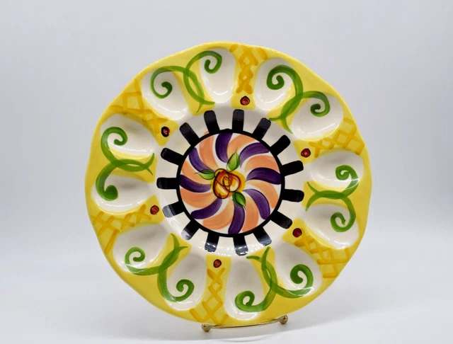 Vicki Carroll Pottery 12 Deviled Egg Tray Plate Razzle Dazzle Server Signed