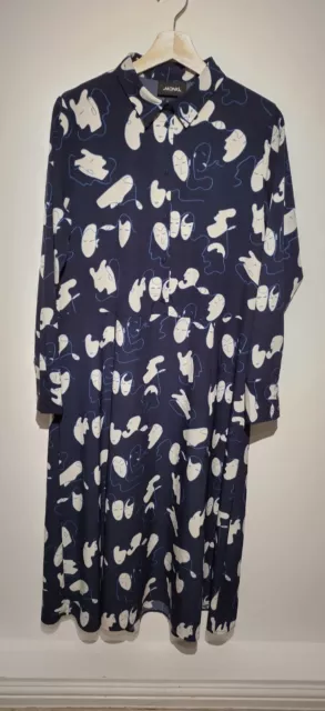 Monki Size S Oversized Shirt Dress Blue Abstract Face Pattern Maxi Long Sleeve